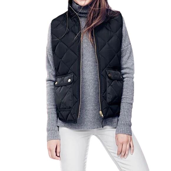 J Crew Quilted Turtleneck Zip Up Vest Black Polyester Sleeveless Pockets Size XS - Picture 1 of 4